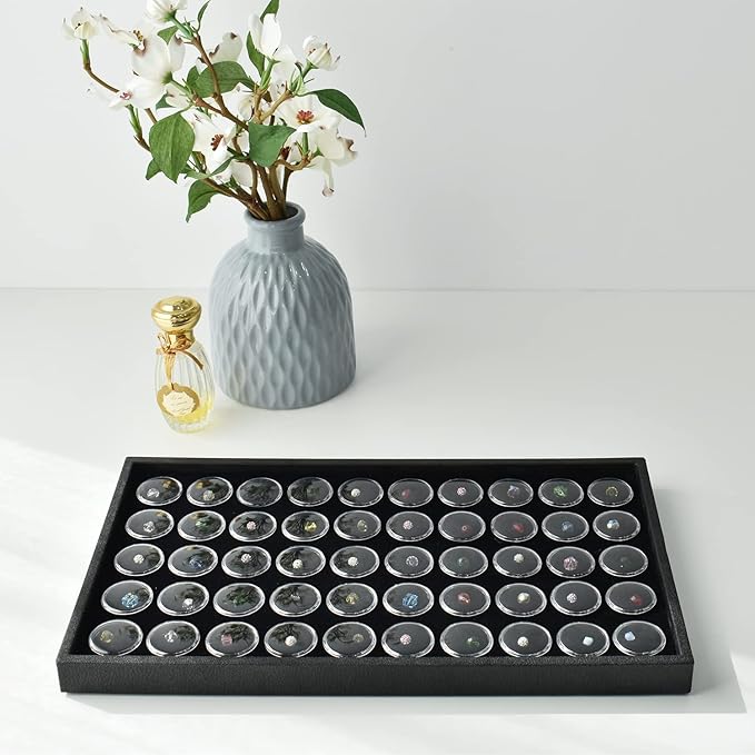 Ikee Design Black Foam Gem Jars Showcase Stackable Display Tray for Collectibles, Home Organization Storage Box with 50 Gemstones and Bead Storage Jars