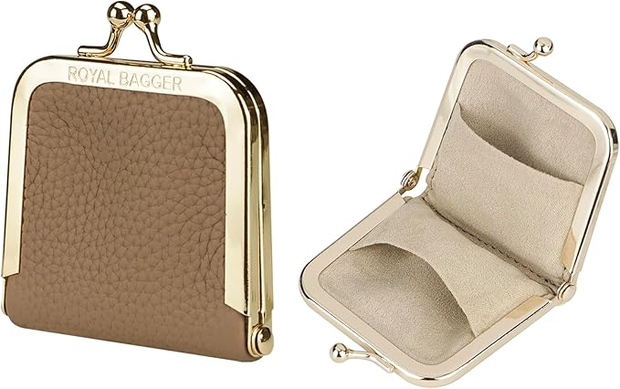 Royal Bagger Genuine Cow Leather Ultra-Slim Mini Jewelry Box, Ring & Necklace Storage, Slim Coin Purse with Kiss Lock for Women 3120 (Milk Tea)