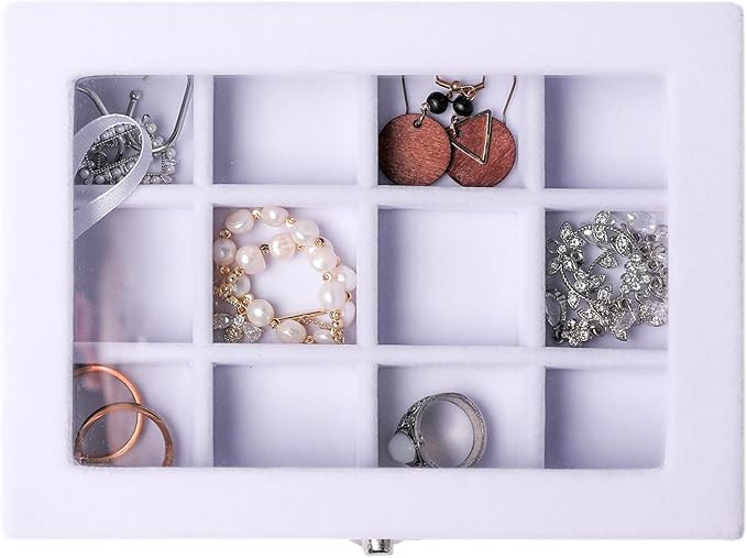 Frebeauty Jewelry Organizer Tray with Clear Lid 12 Grid Velvet Drawer Insert Jewelry Box with Transparent lid Jewelry Display Case Store Showcase Jewelry Box Gift for Women(White,12 Grid)