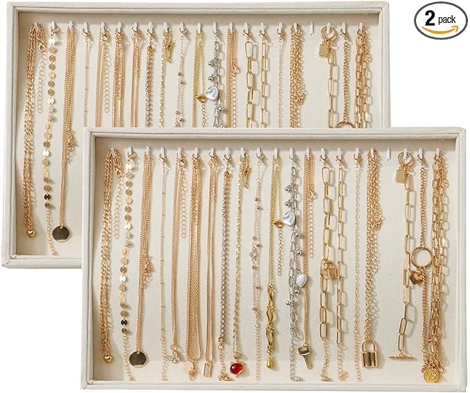 Large Velvet Jewelry Tray 2 Pack Stackable Jewelry Display Drawer Inserts Trays Organizer for Earring Bracelet Necklace Ring (Beige, 20 Hooks)
