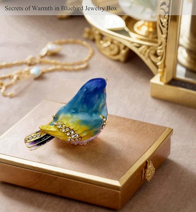 JWT Astyle Blue Mountain Bird Hinged Trinket Box with Crystal Stones .Animal Jewelry Box.Necklace Rings Earrings Storage.Bird Figurines Home Decor,Collectible Trinket Boxes Gift ., Blue Yellow