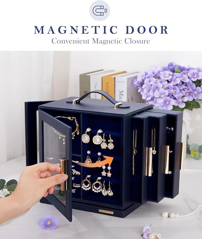 Homde Mothers Day Gifts Jewelry Box for Women Large: Rotating Organizer for Ring Earring Necklace Bracelet - 7 Drawers Storage for Dresser (Dark Blue)