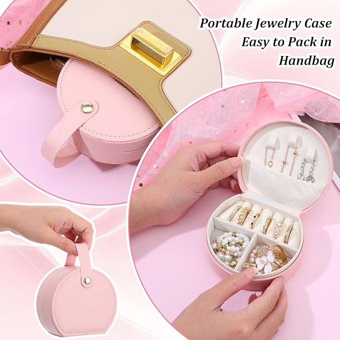 10 Pack Travel Jewelry Case Mini Leather Bridesmaid Jewelry Gift Box Bulk, Half Moon Design, Detachable Handle, Small Earring Storage Organizer for Women Girls Bridesmaid Proposal Gifts(Pink)