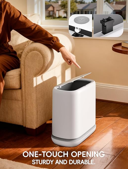 Bathroom Trash Can with Lid, Slim 2.3 Gallon Vacuum adsorption Garbage Bin, Narrow Press Top Waste Basket for Odor Control & Dog Proof for Bathroom Bedroom Office Home