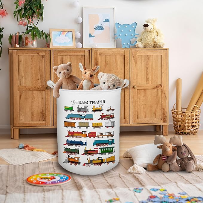 Steam Train Kids Laundry Basket, Toybox for Boys Room, Train Lover Enthusiast Gifts Laundry Basket Hamper Waterproof Collapsible Clothes Toys Storage Bin Organizer for Bedroom Bathroom Kids Room
