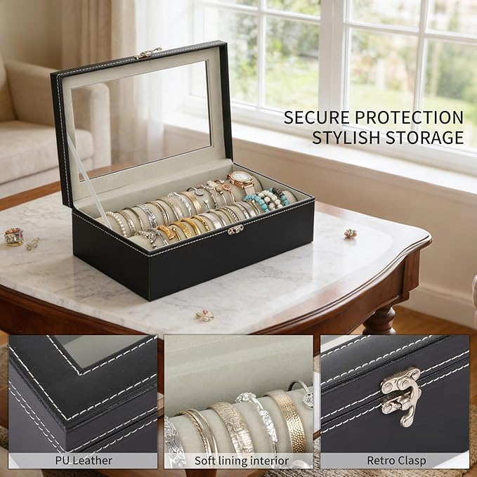 AUTOARK Bracelet & Watch Storage Box with Glass Lid & 2 Anti-Roll Rods,PU Leather Jewelry Case,Soft Lined Locking Organizer for Women,Gift for Dresser & Cabinet Display,Black,MKAW147
