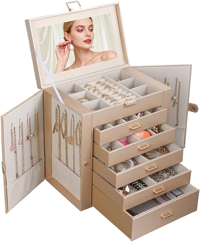 BOOVO Jewelry Box For women, 6 Layer Large Jewelry Organizer With Mirror, Multi-Function Storage Box With Lock, Necklace Holder With 5 Drawers, For Earrings Necklace Bracelet (Champagne Gold)