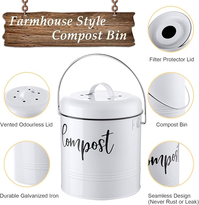 DAYYET Compost Bin Kitchen, 1.3 Gallon Farmhouse Kitchen Compost Bin Countertop, Indoor Countertop Compost Bucket with Lid and Charcoal Filters, White