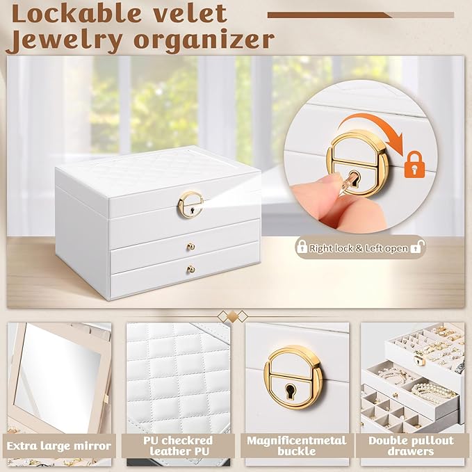 3 Layer Jewelry Boxes for Women with Mirror Large Jewelry Organizer Box with 2 Jewelry Organizer Drawer PU Lockable Elegant Unique Gifts for Women, White