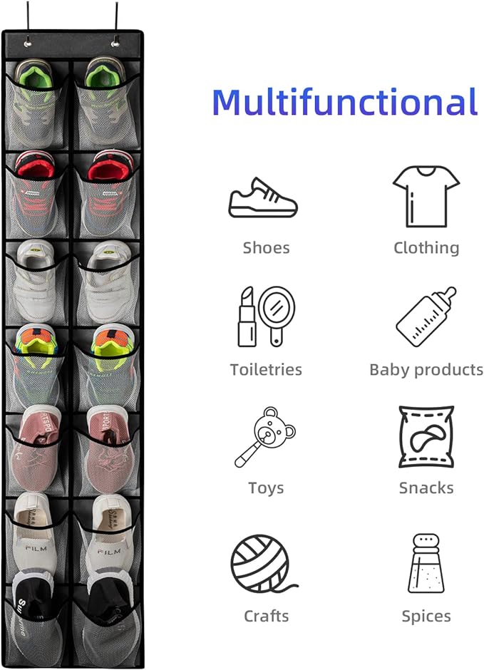 KEEPJOY Over the Door Shoe Organizer, Hanging Shoe Organizer with 4 Hooks,Door Shoe Holder with 14 Mesh Deep Pockets Closet Door Shoe Storage Bag (Grey-2Pack)