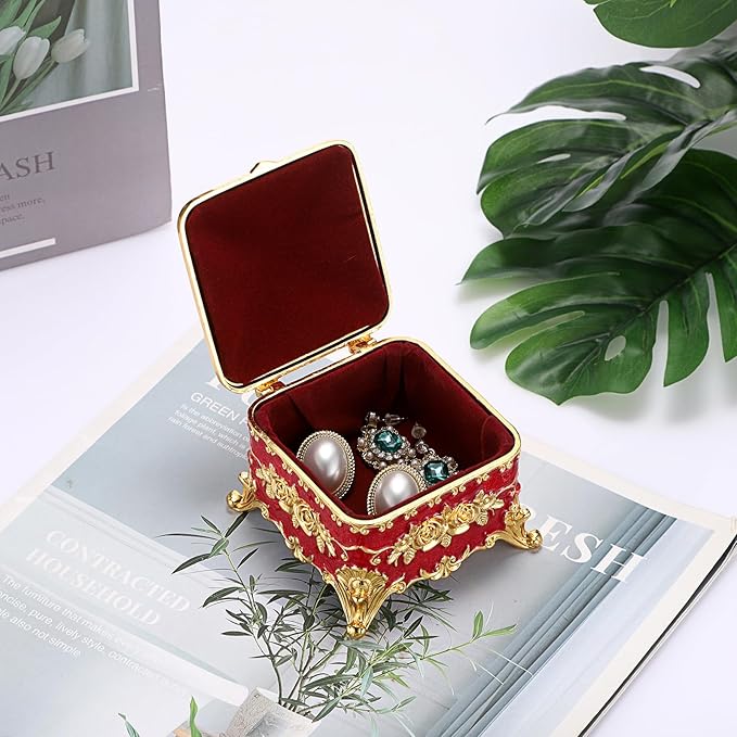 Hipiwe Vintage Metal Jewelry Box - Small Trinket Organizer Ring Box Case with Rose Pattern Jewelry Storage Box for Ring Earrings Necklace, Keepsake Box for Women,Red