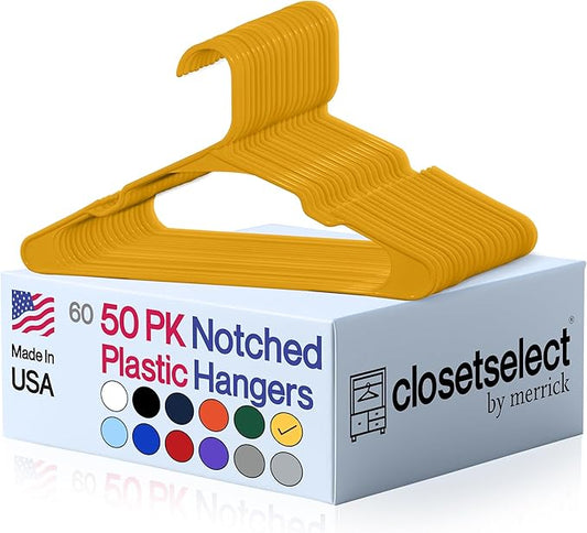 Closetselect Plastic Hangers 50 Pack - Space Saving Clothes Hangers, Made in USA, Durable & Strong Plastic Shirt & Coat Hanger with Notches & Shoulder Grooves, Non-Slip Hangers | Scoreboard Yellow