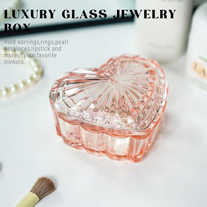 kanpura Glass Heart Shaped Jewelry Box Candy Dish with Lid Ring Earring Trinket Storage Box Vintage Jewelry Organizer Decorative Jar Christmas Gift for Women Girls(Pink)