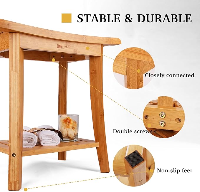Unibambou Bamboo Shower Bench with Storage Shelf, Wooden Spa Bath Deluxe Organizer Shower Stool for Inside Shower, Bathroom Bench Seat for Adults Elderly Seniors for Indoor or Outdoor Use