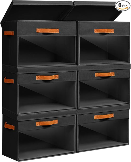 Homsorout Large Storage Bins with Lids - 6 Pack Foldable Decorative Organizers with Clear Windows & Handles, Cube Storage Organizers for Clothes, Blankets, Sweaters, CD, Black