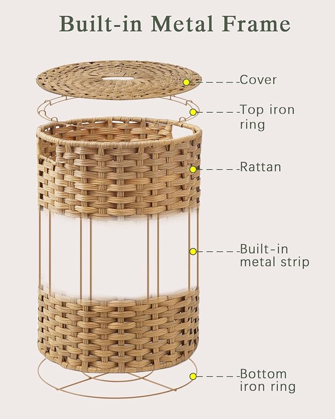 SETVSON Laundry Hamper with Lid Laundry Basket with Lid 19.0 Gal (72 L) Round Wicker Laundry Basket Handwoven Rattan Hamper Removable Bag 2 Mesh Bags Handles for Living Room Bathroom Natural