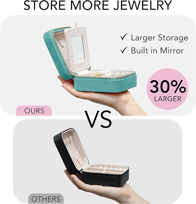 BLUTETE Travel Jewelry Box Organizer Velvet Travel Case With Mirror Ring Earrings Necklaces Storage Organizer Box (Turquoise)