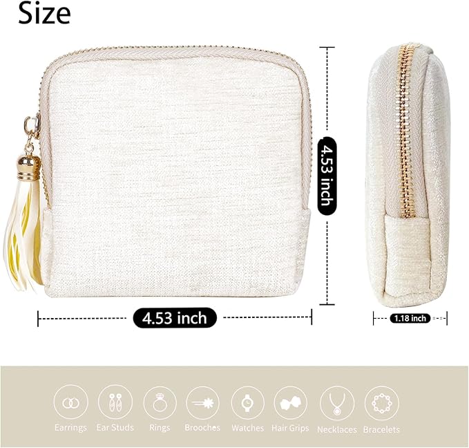 ASINGYER Travel Jewelry Storage Bag for Women, Velvet Portable Jewelry Organizer with Tassel Zipper, Small Pouches for Bracelets Necklaces Rings Earrings, Wedding Gift for Women (beige)