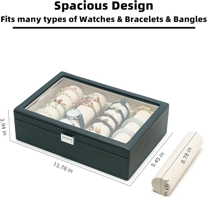 Bracelets Organizer Rods Bangles Display Holder, Clear See through Lid Leather Velvet Jewelry Storage Box Case for Women, 4 Rods Black Leather