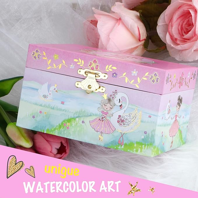 Kids Musical Jewelry Box for Girls- Glitter Storage Box and Jewelry Set- Ballet Birthday Gifts for Little Girls, Ballerina Theme - Swan Lake Tune Pink， 6 x 4.7 x 3.5 in - Ages 3-10
