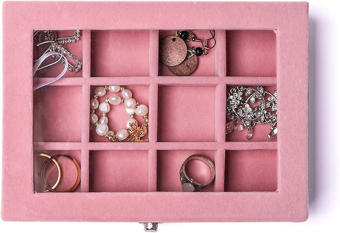 Frebeauty Jewelry Organizer Tray with Clear Lid,12 Grid Velvet Drawer Insert Jewelry Storage Box with Transparent lid Jewelry Display Case Store Showcase Jewelry Box Gift for Women(Pink,12 Grid)