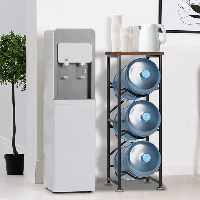5 Gallon Water Jug Holder, 3-Tier Water Bottle Holder with Wood Top Shelf, Heavy Duty Water Cooler Jug Rack, Water Dispenser Storage Stand for Kitchen Office and Living Room