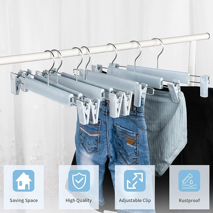 Skirt Hangers, Pants Hangers with Clips，360 ° Swivel Hooks Space Saving Hangers for Pants, Skirts, Clothes, Jeans (30 Pack, Light Blue)
