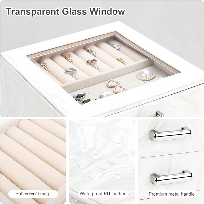 DesignSter Jewelry Box Organizer, Jewelry Box for Women, PU Jewelry Organizer Display Case with Side Drawers, Jewelry Storage for Earring Necklace Ring Bracelet Watch