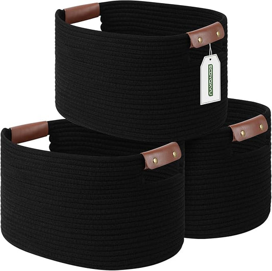 ECDYQXVU Cotton Rope Basket, Storage Baskets with Handle, 15x10x9 Inch Woven Basket for Shelves, Laundry, Towels, Clothes, Books, (Black 3Pack)