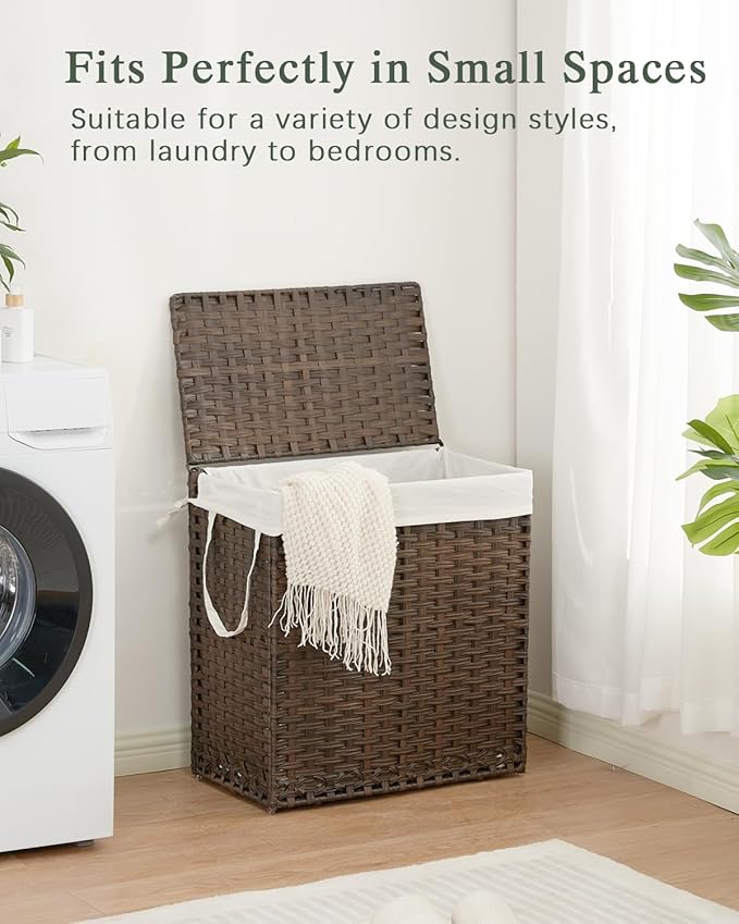 SETVSON Laundry Hamper with Lid Wicker Laundry Basket 112 L (29.6 Gal) Laundry Hampers Handwoven Rattan Laundry Hamper with Handles 3 Removable Washing Bag, 6 Mesh Bags for Bathroom Bedroom Brown