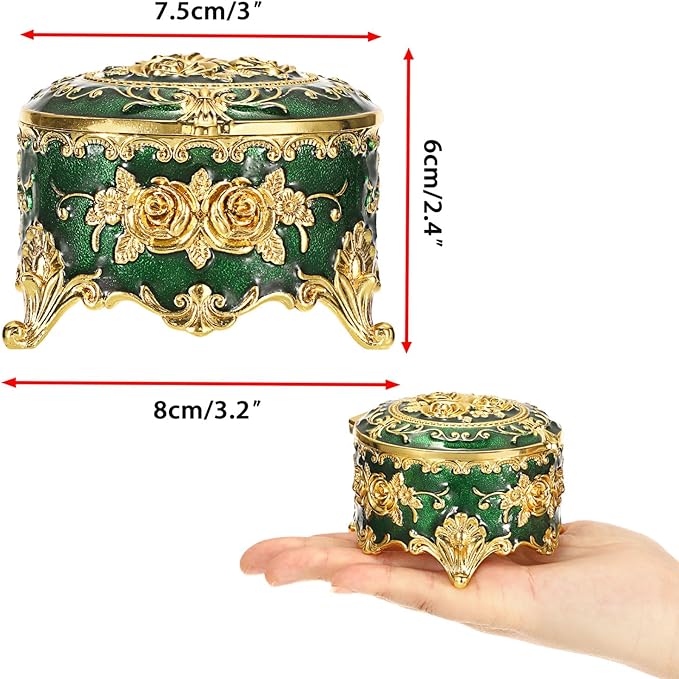 Hipiwe Vintage Jewelry Box Small Trinket Storage Organizer Box Gold Metal Chest Ring Case Treasure Chest Round Keepsake Boxes for Earrings Necklace Gift for Women,Green