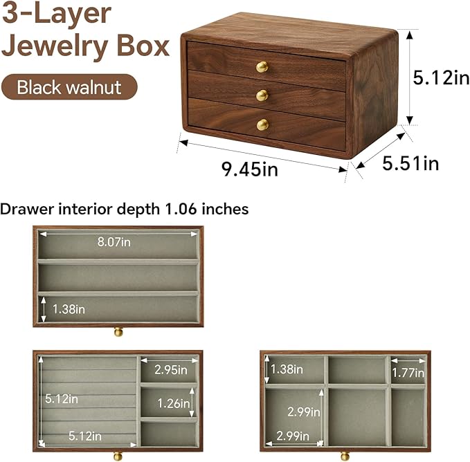 Wooden Jewelry Box for Women & Men, Large Velvet Lined Organizer with 3 Drawers, Solid Black Walnut Wood & Brass Handles, Earring Ring Necklace Storage Box