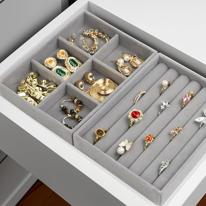 Fordonral Velvet Jewelry Organizer Box, Jewelry Drawer Organizers Trays, Earring Ring Necklace Holder Display Case (Gray, Ring+6 Grid Trays)