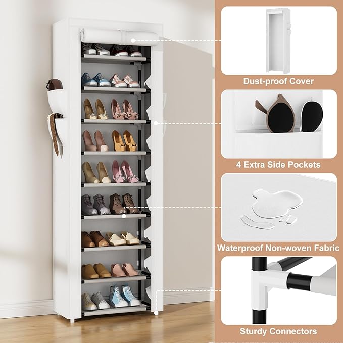 VILICK Shoe Rack with Cover Narrow Shoe Rack Organizer with 4 Side Pockets 10 Tier Tall Shoe Storage Shoe Shelf Holds 18-22 Pairs Shoes and Boots Shoe Rack for Closet, White