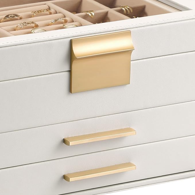 Somduy Jewelry Box Organizer for Women,3 Layers Jewelry Storage Display Box with Glass Lid,Gift for Christmas,3 Drawers,Large Capacity for Necklace Earrings Bracelets Rings,White