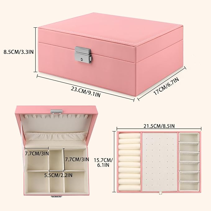 Homeanda Jewelry box 2 layer Jewelry box Leather Jewelry boxes for Women Girls Teens Jewelry organizer box Jewelry Storage box with lock(Pink)