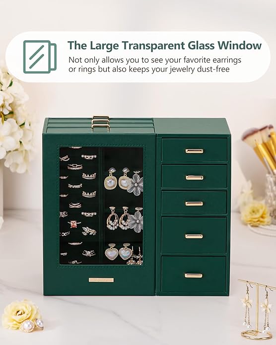 Homde Large Jewelry Box/Organizer/Case with Glass Window, Drawers for Necklaces Earrings Rings Bracelets Watches Gift for Women Girls
