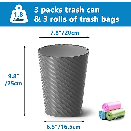Bathroom Trash Can, 8 Pack 1.8 Gallons Small Trash Can with Trash Bags, Bathroom Garbage Can, Plastic Trash Bin, Round Waste Basket for Bedroom, Office, Kitchen, Room, Compact Space (White Black Grey)