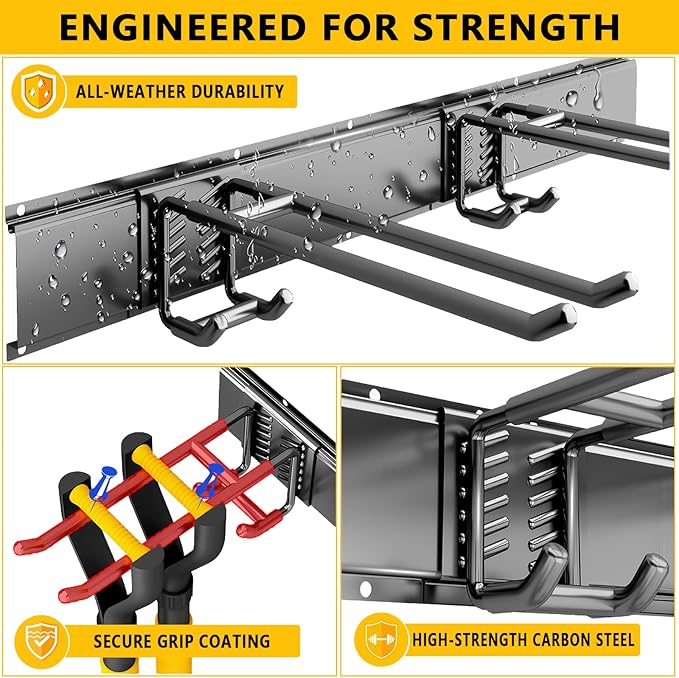 Garage Tool Organizer Wall Mount, 48inch Heavy-Duty Garage Storage System and Garden Tool Organizer with 6 Adjustable Double Hooks for Shovel, Snowboard, Yard Tools and Shed