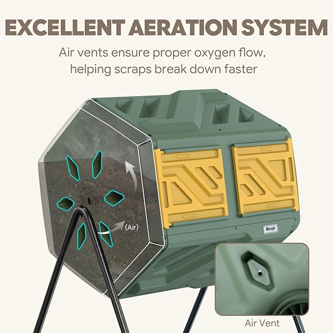 Werph Updated 43 Gallon Dual-Chamber Compost Bin, Fast Assembly Outdoor Compost Tumbler, Rotating Batch Composter Bin with Gloves for Garden, Kitchen, and Yard
