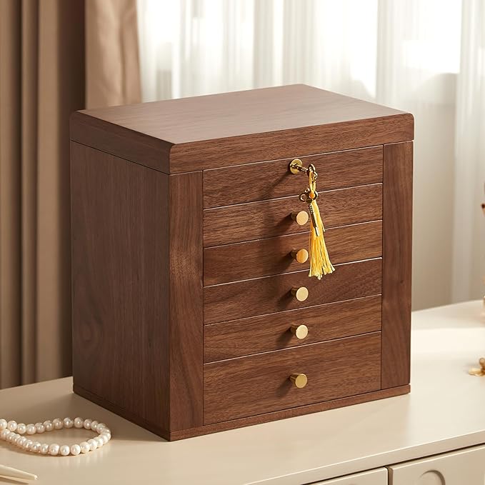 CHOSIN Black Walnut Wooden Jewelry Box, 6-Layer Lockable Wood Jewelry Organizer with Mirror, Side Doors & Brass Handle, Classical Design for Rings, Necklaces, Earrings, Mothers Day Gifts for Mom
