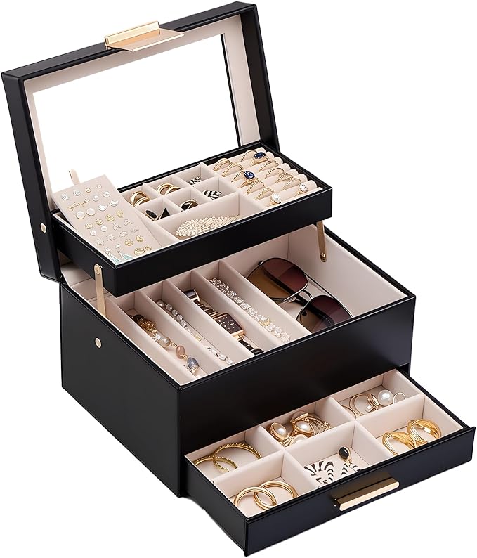 Lolalet Jewelry Box, Clear Window Jewelry Organizer with Drawer for Earrings Bracelets Necklaces Rings, Jewelry Storage for Women -Black, 3 Layers