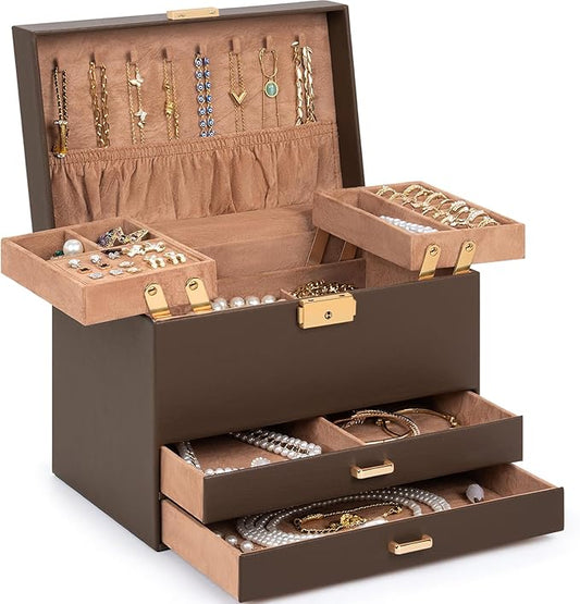 AKOZLIN Travel Jewelry Box Organizer Functional 2-trays Leather Jewelry Storage Case with Lockable Portable 2 Drawers for Women Girls Ring Necklace Earring Bracelet