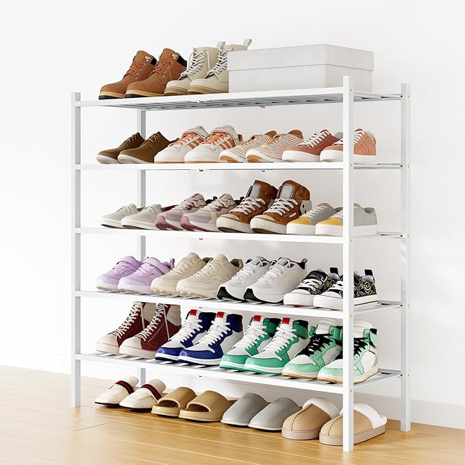 Smiry Shoe Rack, 5 Tier Long Bamboo Shoe Organizer, Stackable Free Standing Wooden Shoe Storage Shelf for Closet, Entryway, Front Door Entrance, White