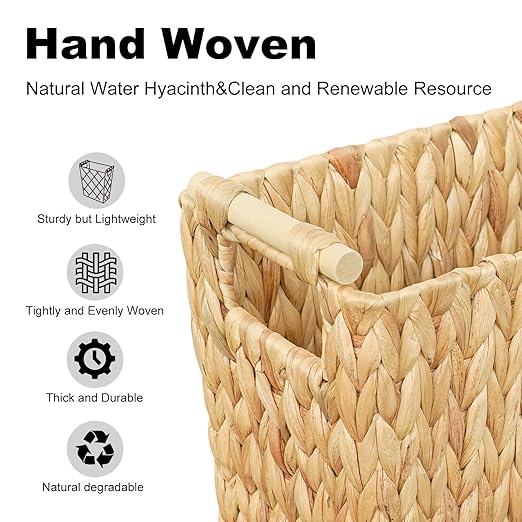 Coeusy 6 Gallon Wicker Trash Can with Wooden Handle,Wicker Waste Basket for Bathroom,Bedroom,Large Narrow Water Hyacinth Trash Basket,Rattan Boho Decor Farmhouse Bathroom Trash Can