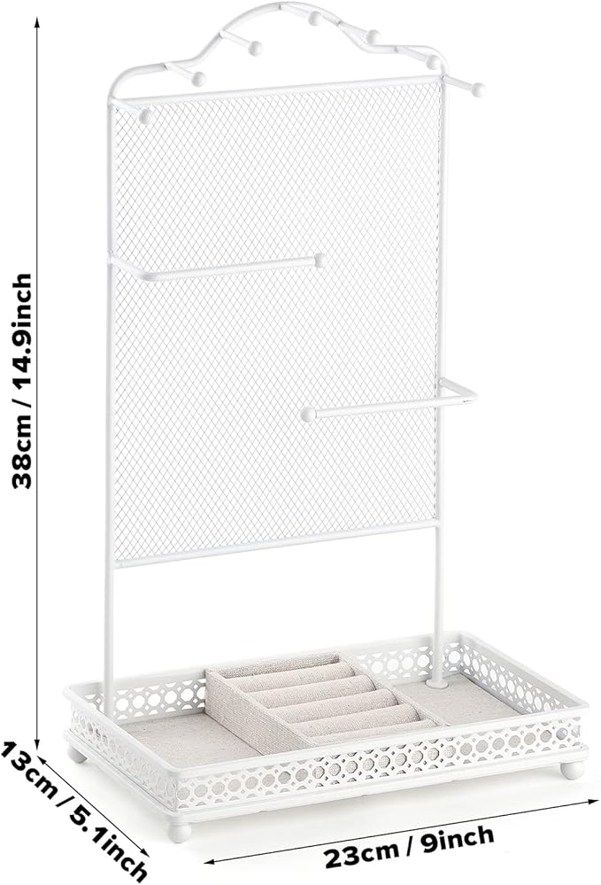 Meangood Jewelry Organizer Stand, Earring Holder Rack for Hanging Earrings Necklace Bracelets Watches Jewelry Display Large Rings Storage as Women Gift (White)