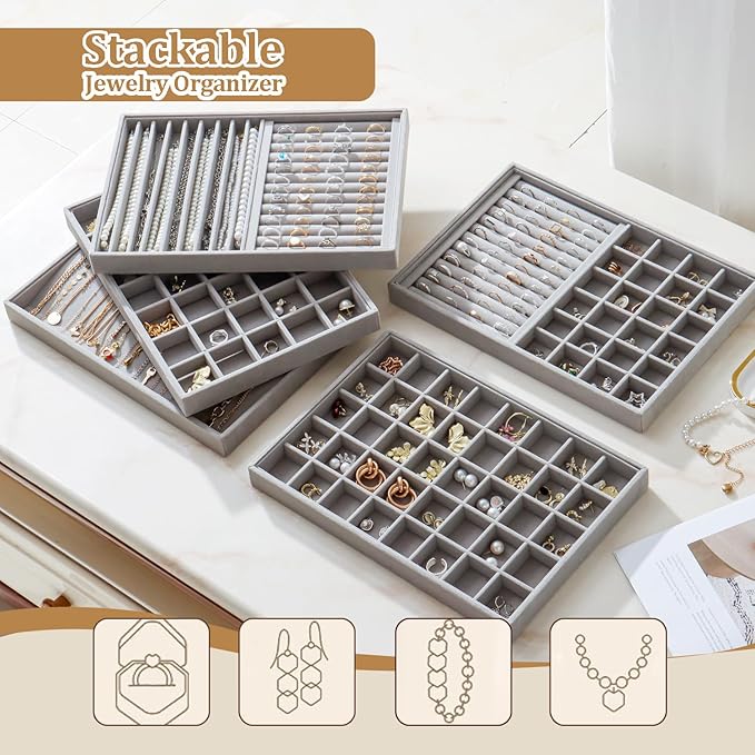 Large Velvet Jewelry Tray 2 Pack Stackable Jewelry Display Drawer Inserts Trays Organizer for Earring Bracelet Necklace Ring (Gray, Ring and 9 Grids)