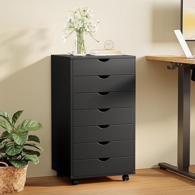 7 Drawer Mobile File Cabinet Under Desk Storage Organization with Wheels Vertical Filing Chest Rolling Wood Small Desk Printer Stand for Home, Black