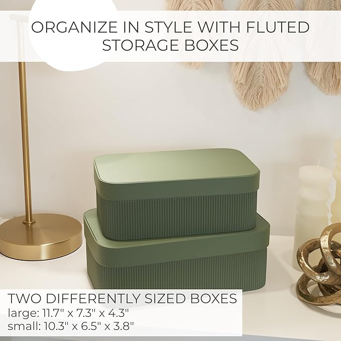 Decorative Storage Boxes with Lids – Set of 2 Beautiful Fluted Cardboard Organizer Bins for Your Home Bookshelf Decor to Safely Store Your Documents, Memory Box Items and Other Keepsakes in Style