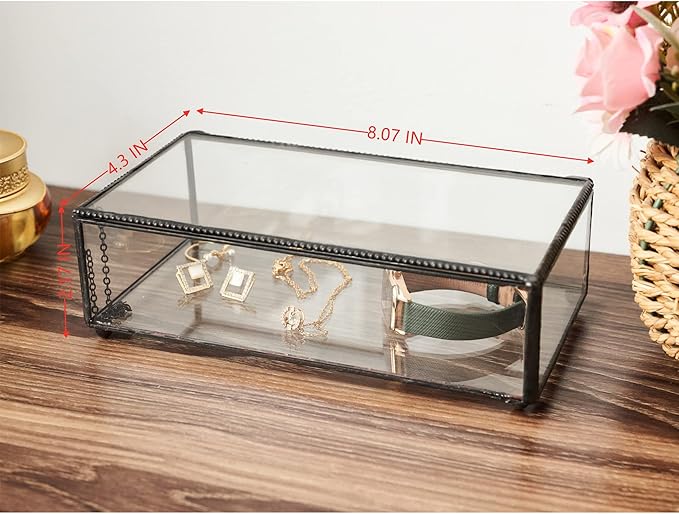 Vintage Glass Jewelry Box Keepsake Box with Hinged Lid, Great for Storage Trinket/Jewelry/Card/Photo, Black Decorative Box for Dresser-15612EX